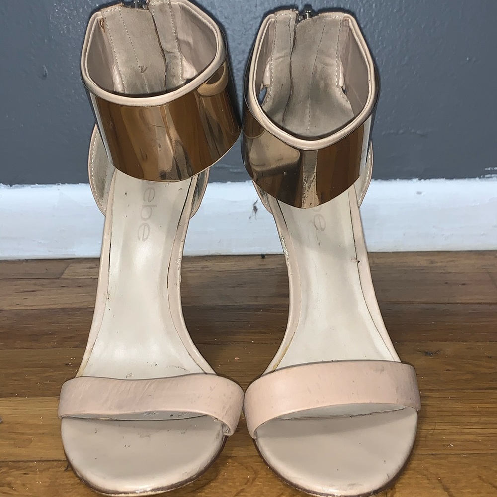 bebe nude gold ankle strap high heel sandal